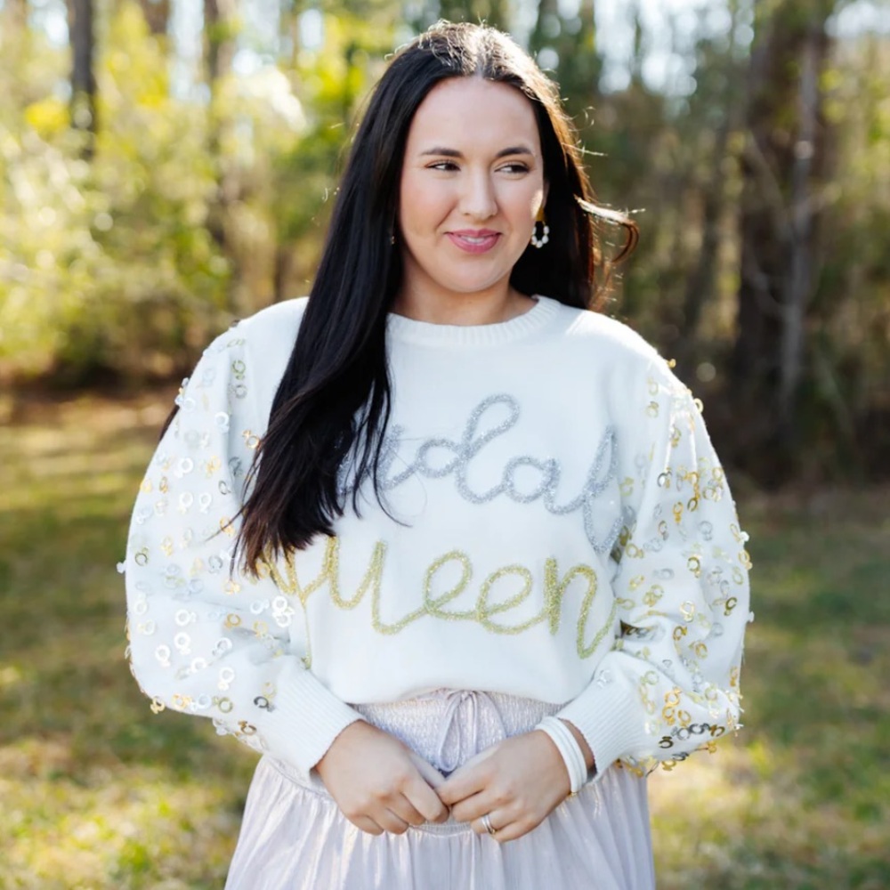 Queen of Sparkles White and Gold Sequin Sweater